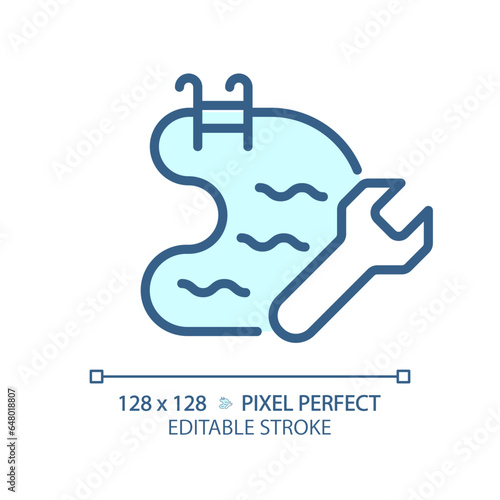 2D pixel perfect editable blue swimming pool maintenance icon, isolated vector, thin line illustration representing plumbing.