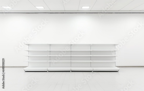Empty white supermarket shelves. Store showcase displays. Realistic mockups of supermarket shelf and market stands. Retail shop product racks
