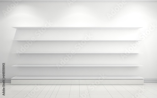 White shelves for goods display. Empty store showcase displays. Commercial retail shop product racks Retail environment.