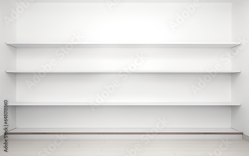 White shelves for goods display. Empty store showcase displays. Commercial retail shop product racks Retail environment.