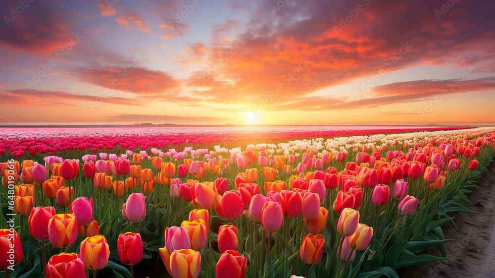 Beautiful Tulip fields at sunrise. beautiful Nature Landscape.