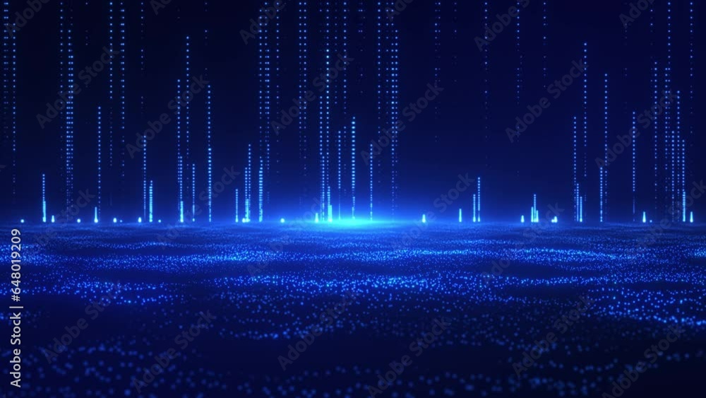 Digital waves of particles emit light and stream of data points, big data visualization, futuristic or technological abstract background  with moving dotted dotted surface. Animation of seamless loop.