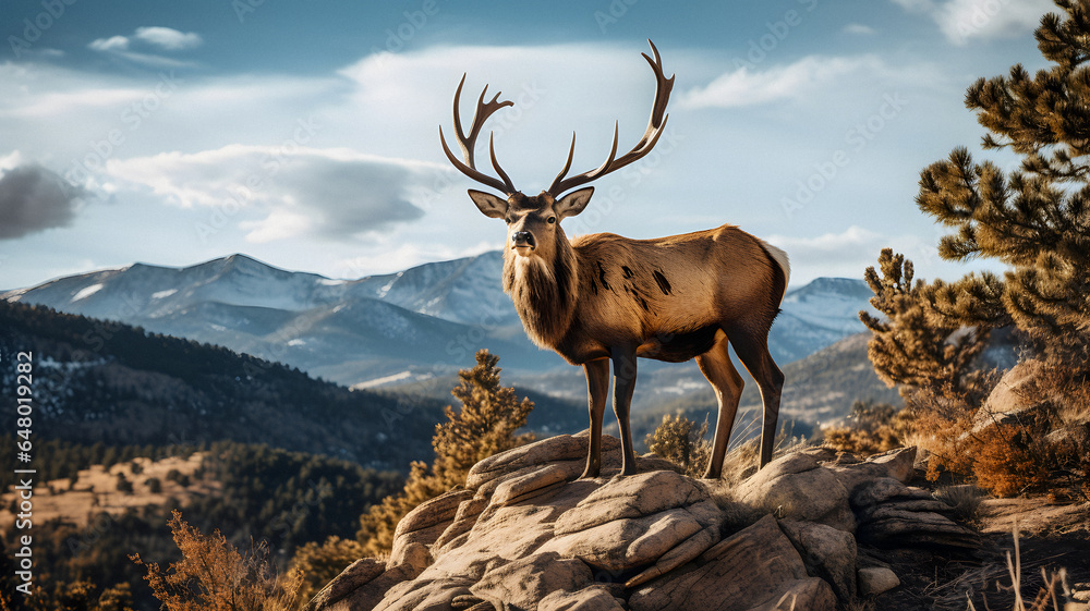 deer standing on a rock with mountains in the background Generative AI deer standing on a rock with mountains in the background Generative AI