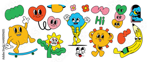 Set of 70s groovy element vector. Collection of cartoon characters, doodle smile face, flowers, sun, ice-cream, pencil, lemon, heart. Cute retro groovy hippie design for decorative, sticker, kids.