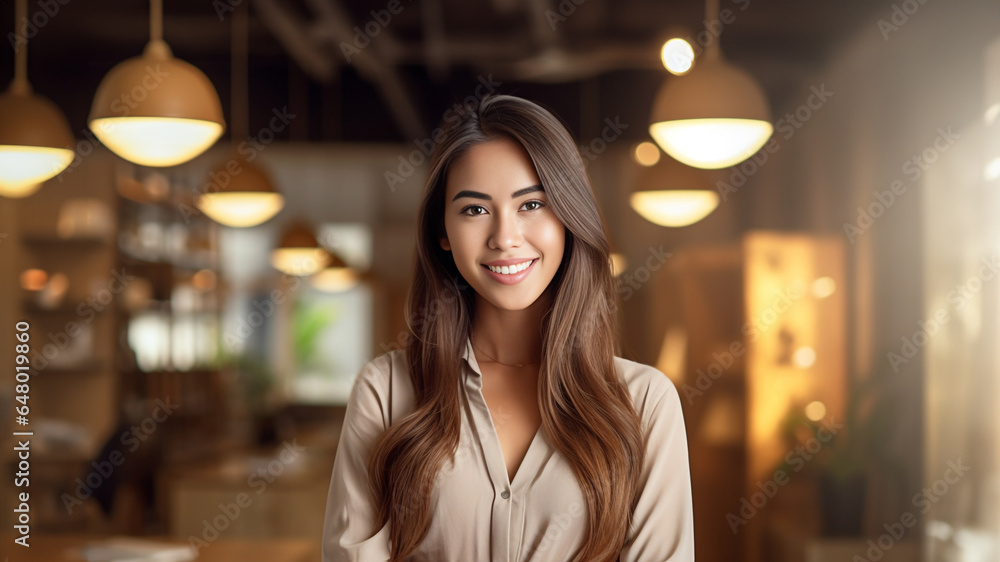 In the backdrop of a blurred office, a confident and intelligent young Asian woman, elegantly attired in a light gray suit paired with a crisp white shirt, delivers a presentation. Generative AI. In the backdrop of a blurred office, a confident and intelligent young Asian woman, elegantly attired in a light gray suit paired with a crisp white shirt, delivers a presentation. Generative AI.