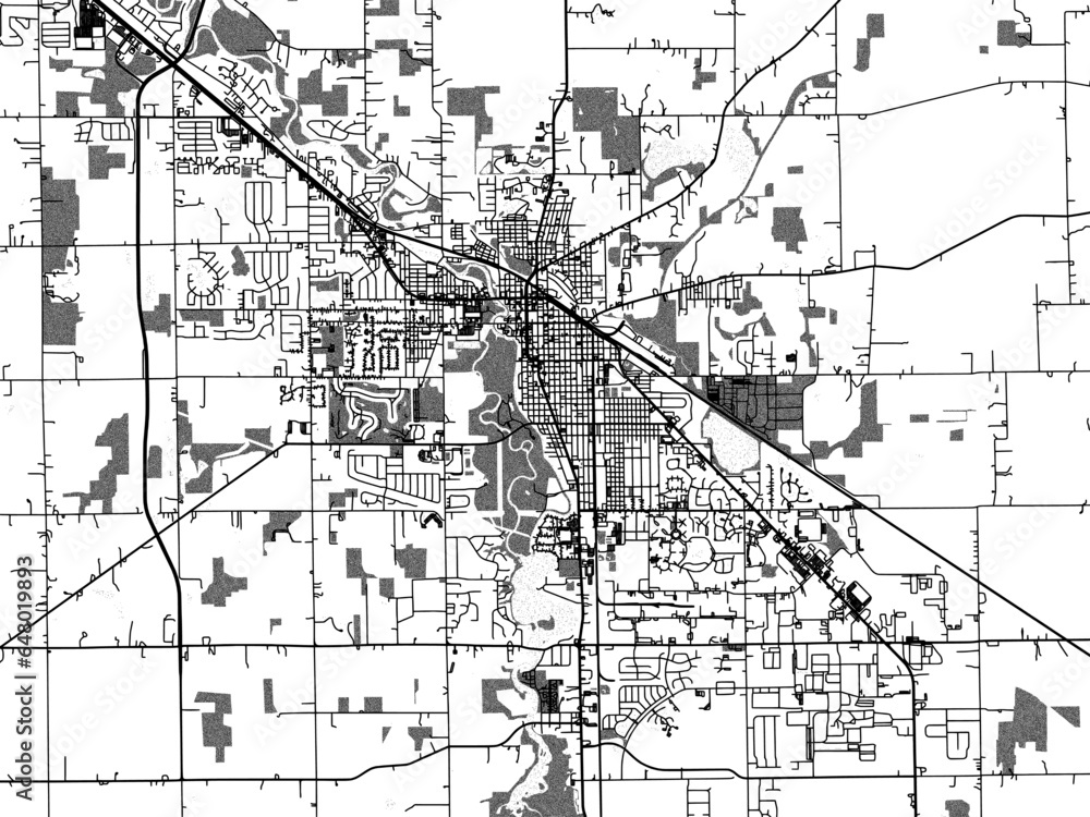 Greyscale vector city map of  Goshen Indiana in the United States of America with with water, fields and parks, and roads on a white background.