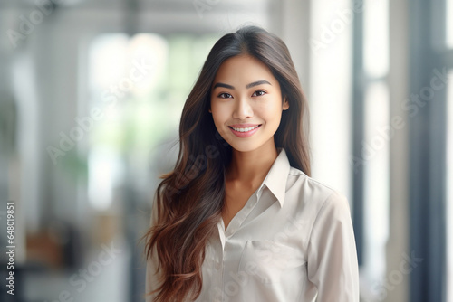 In the backdrop of a blurred office, a confident and intelligent young Asian woman, elegantly attired in a light gray suit paired with a crisp white shirt, delivers a presentation. Generative AI.