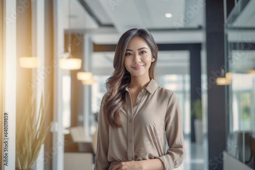 In the backdrop of a blurred office, a confident and intelligent young Asian woman, elegantly attired in a light gray suit paired with a crisp white shirt, delivers a presentation. Generative AI.
