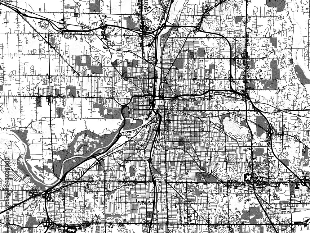 Fototapeta premium Greyscale vector city map of Grand Rapids Michigan in the United States of America with with water, fields and parks, and roads on a white background.
