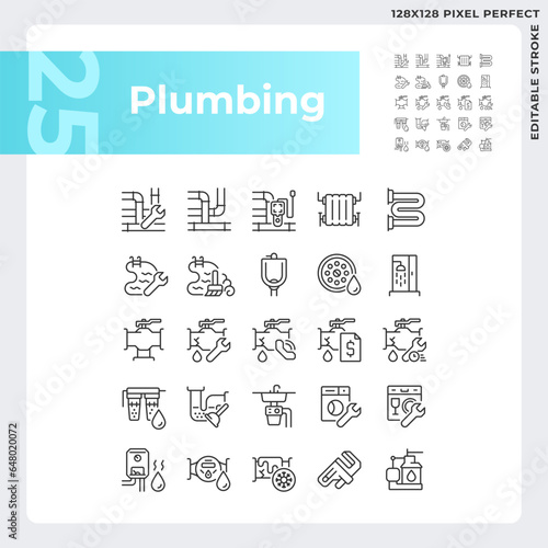 Pixel perfect black icons set representing plumbing, editable thin line illustration.