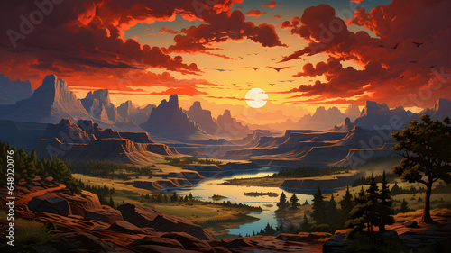 painting of a sunset over a valley with a river and mountains Generative AI