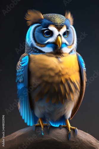 a blue and golden owl in the dark