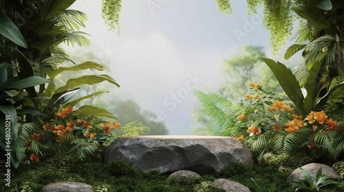 Rock podium in tropical forest for product presentation behind is a view of the sky