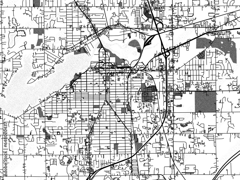 Greyscale vector city map of  Holland Michigan in the United States of America with with water, fields and parks, and roads on a white background.