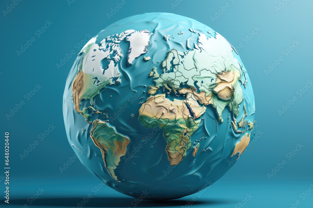 Globe on a blue background. Earth map 3D. Concept of protecting and saving the earth and environment. Ecosystem Globe on a blue background. Earth map 3D. Concept of protecting and saving the earth and environment. Ecosystem