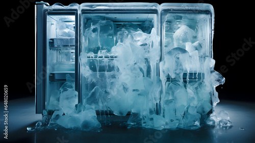 frozen refrigerator with a bunch of ice inside of it Generative AI