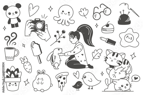 Kawaii set in flat line style. This adorable illustration set in kawaii-style design features cute characters and elements, perfect for adding a touch of charm to your projects. Vector illustration.