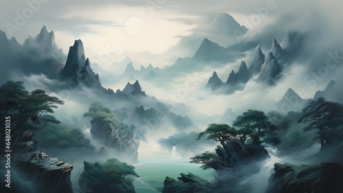 painting of a mountain scene with a river Generative AI