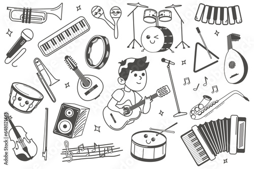 Music instruments set in flat line design. This captivating flat design illustration set highlighting a medley of musical instruments: guitars, piano, etc. Vector illustration.