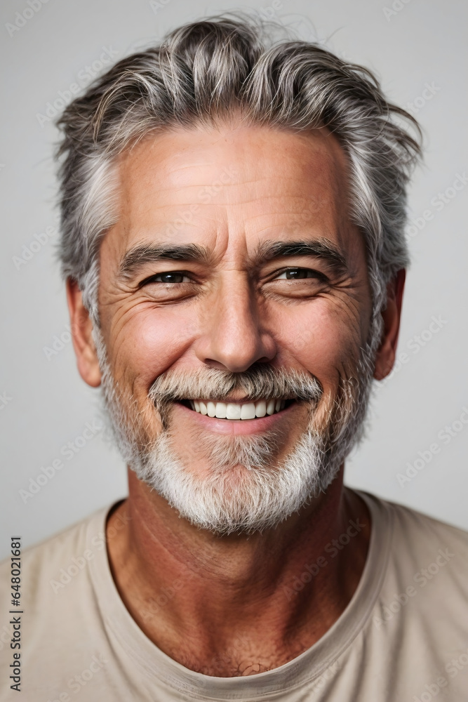 a closeup photo portrait of a handsome old mature man smiling with clean teeth. guy with fresh stylish hair and beard with strong jawline. isolated on grey background. a closeup photo portrait of a handsome old mature man smiling with clean teeth. guy with fresh stylish hair and beard with strong jawline. isolated on grey background.