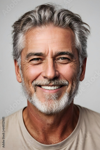 a closeup photo portrait of a handsome old mature man smiling with clean teeth. guy with fresh stylish hair and beard with strong jawline. isolated on grey background.