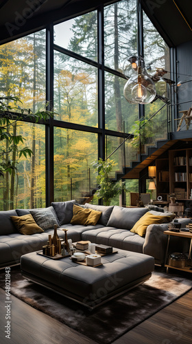 Spacious Living Room with Forest View
