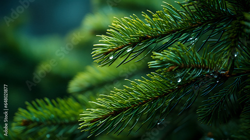 arafed pine tree branch with water droplets on it Generative AI