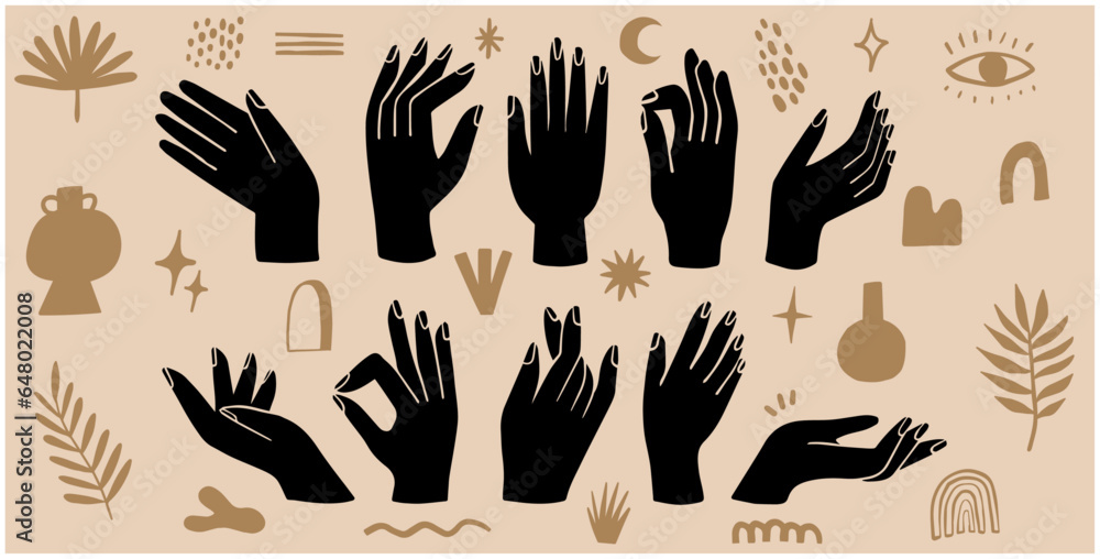 Set of vector hand gestures in a boho illustration style. Trendy hippie look. Branding, pattern, header design.
