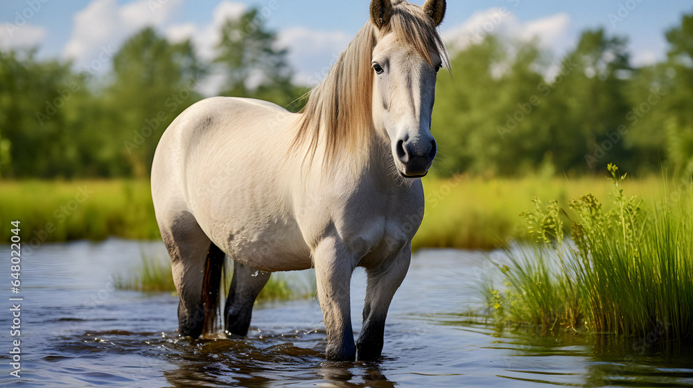 white horse standing in the water near a grassy area Generative AI white horse standing in the water near a grassy area Generative AI