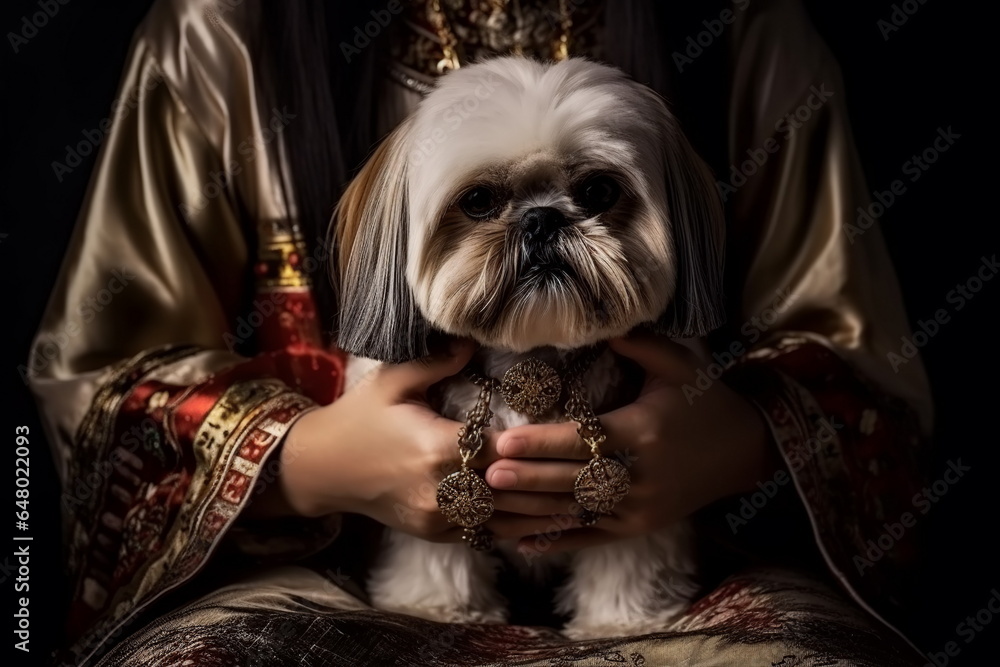 Shih tzu dog sitting in the arms of the Chinese emperor of an ancient