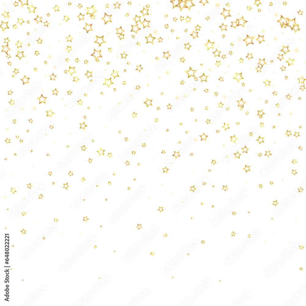 Gold sparkling star confetti. Chaotic dreamy childish overlay template. Festive stars vector illustration on white background.