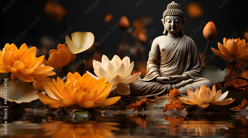 Buddha Statue with Lotus Flowers