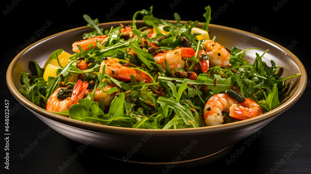bowl of salad with shrimp and greens in it Generative AI