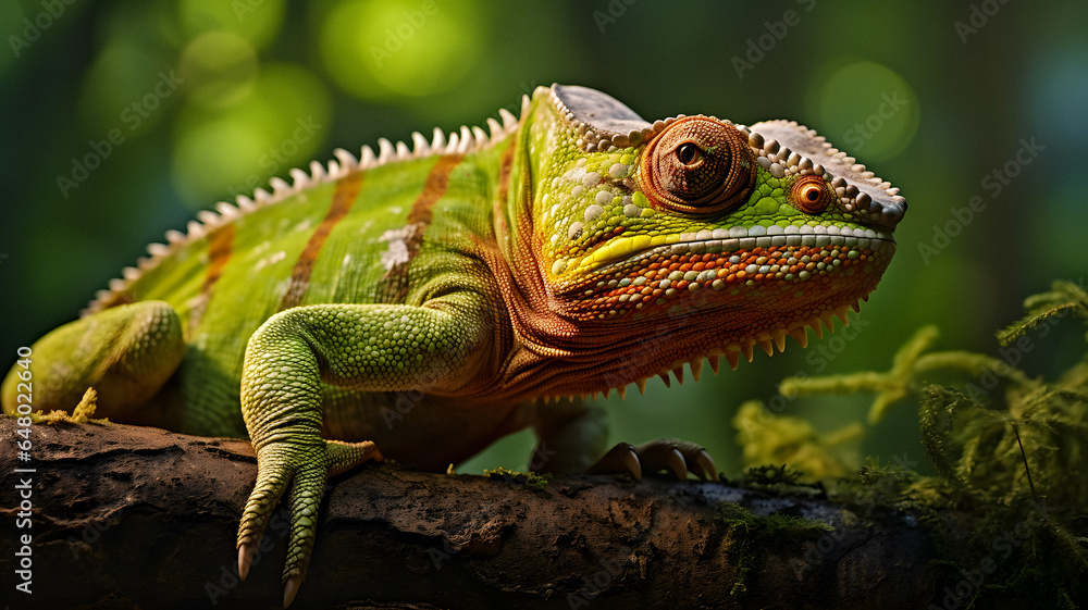 green and orange lizard sitting on a branch Generative AI