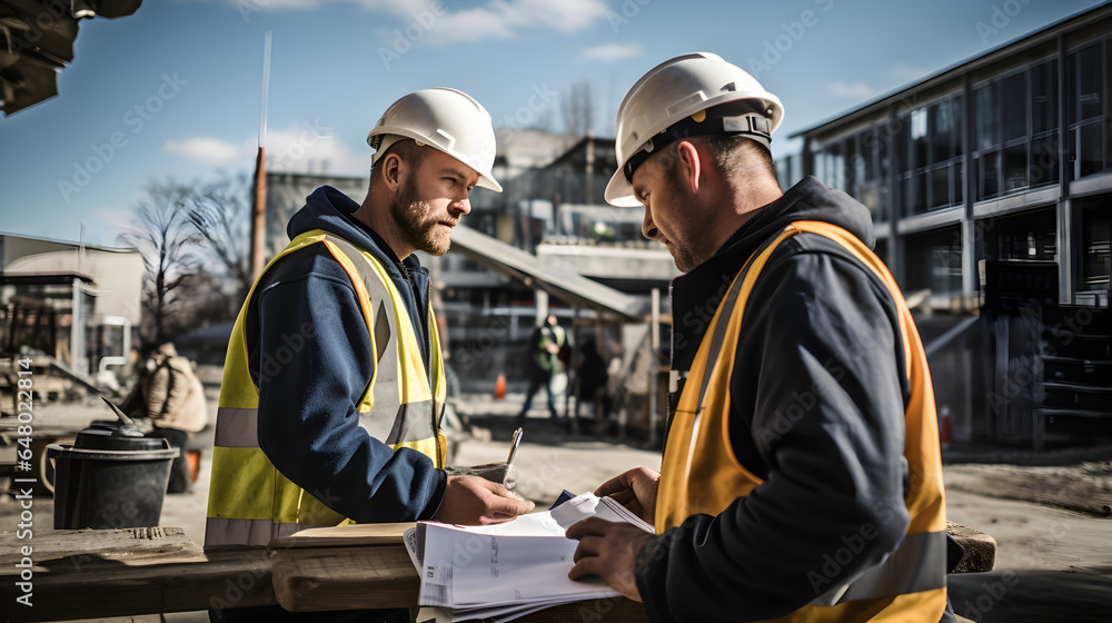 Construction workers outside an under construction building Construction workers outside an under construction building