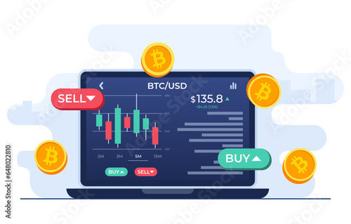 Stock exchange scene with laptop computer, chart, and SELL and BUY options, Cryptocurrency trading, candlestick chart, Bitcoin, Digital web money, Crypto investment strategy