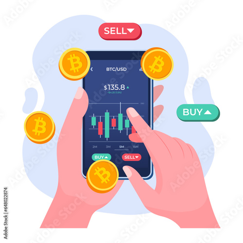 Hand-holding mobile phone with financial app on screen to buy or sell shares of stock market, Profit from currency exchange services, Bitcoin, Investment concept, Cryptocurrency trading strategy