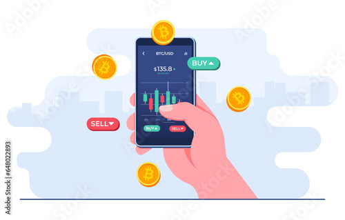 Hand-holding mobile phone with financial app on screen to buy or sell shares of stock market, Profit from currency exchange services, Bitcoin, Investment concept, Cryptocurrency trading strategy