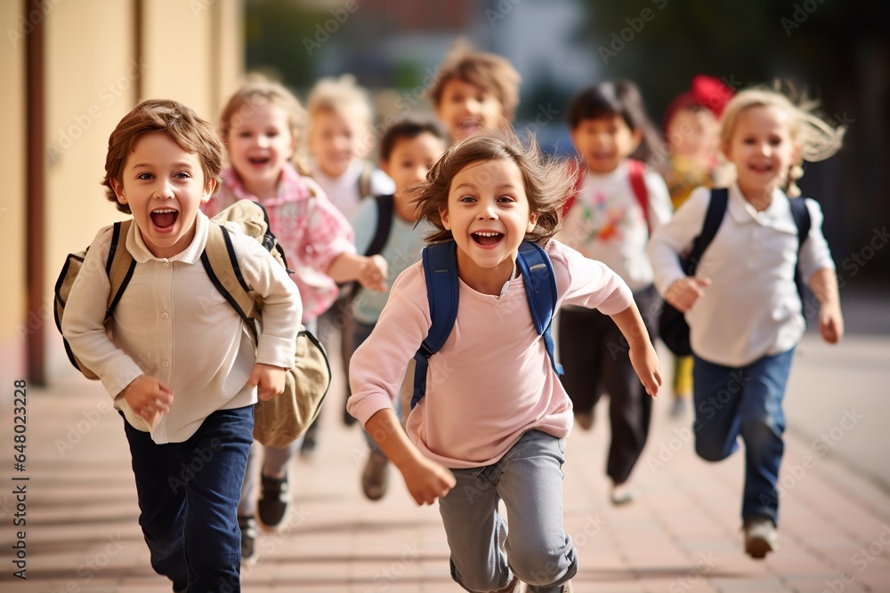 A group of elementary school kids running in the school hallway.