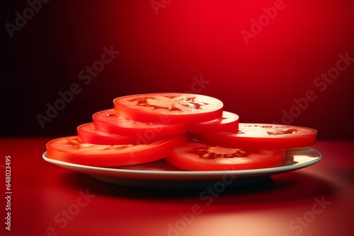 Slices tomato in plate on red  © Nate