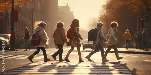 Fotografie, Obraz School children cross the road in the city, the concept of traffic rules, increased attention of drivers, pedestrian crossing