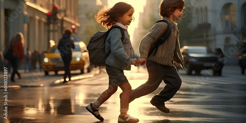School children, a boy and a girl running across the road in the city, the concept of traffic rules, increased attention of drivers, pedestrian crossing.