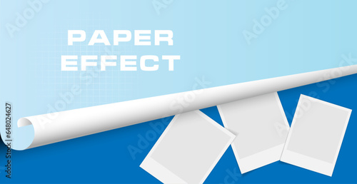 Blue background folded paper effect and photo frame