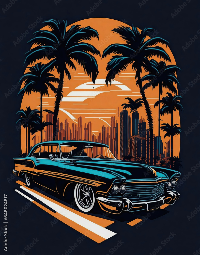 Retro car on the beach with palms  at sunset vintage sticker design.