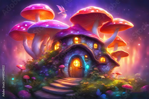 Fairytale mushroom house with flowers, cute colorful small elf cottage in forest with luminescent colors.