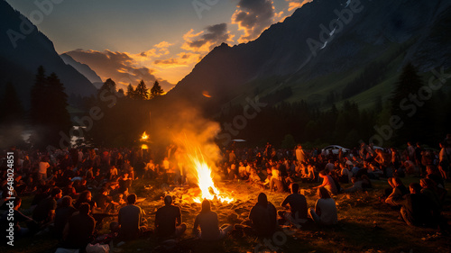 people sitting around a campfire in the mountains at sunset Generative AI photo