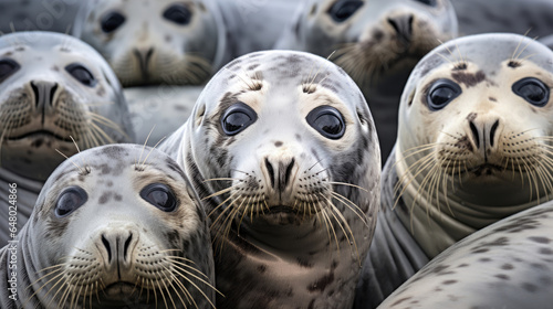 A group of gray seals close up in the wild