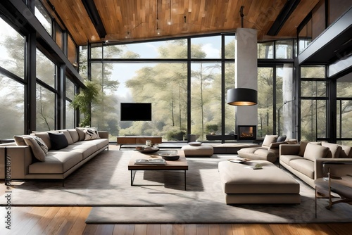 Design a contemporary living room with modular furniture, a sleek fireplace, and floor-to-ceiling windows. photo