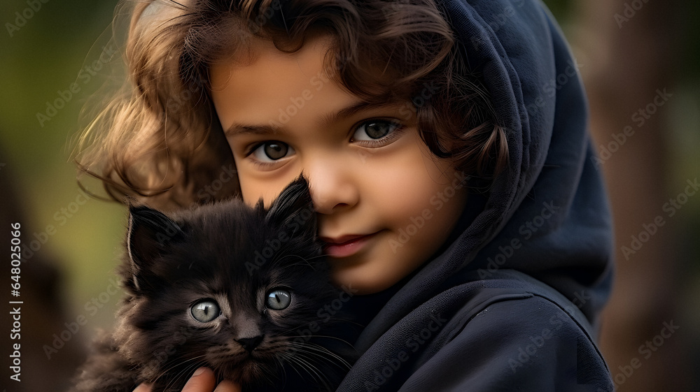 arafed child holding a black kitten in front of her face Generative AI