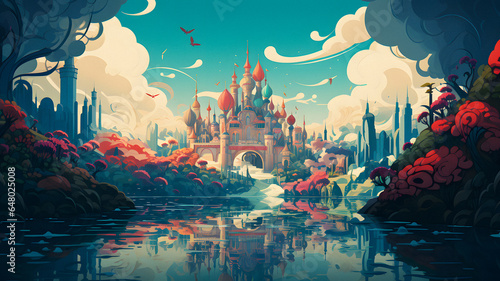 cartoon picture of a castle in the middle of a lake Generative AI © Bipul